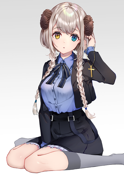 Anime picture 869x1228 with original usamochi. single long hair tall image looking at viewer blush fringe breasts blue eyes simple background sitting holding yellow eyes silver hair full body bent knee (knees) braid (braids) long sleeves parted lips
