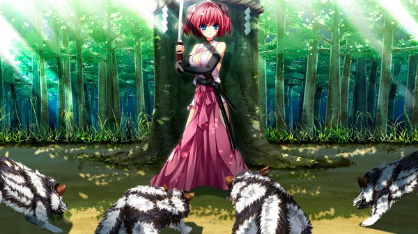 Anime picture 1280x720 with chusingura46+1 ooishi sakura nui (artist) single blush short hair blue eyes light erotic wide image bare shoulders game cg red hair japanese clothes sunlight girl hair ornament weapon plant (plants) animal sword