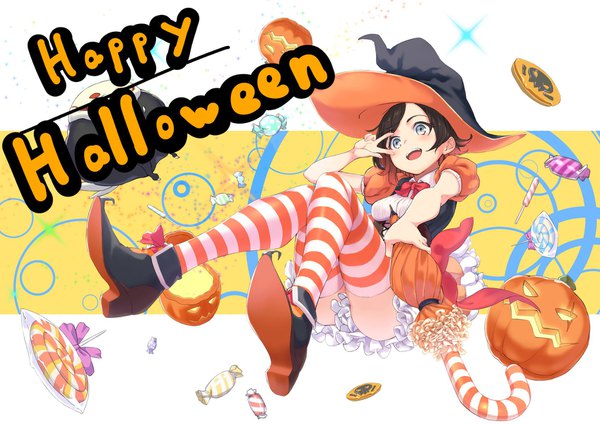 Anime picture 1697x1200 with rwby rooster teeth ruby rose tobihira single looking at viewer short hair open mouth light erotic smile brown hair :d puffy sleeves victory halloween silver eyes closed umbrella happy halloween girl thighhighs