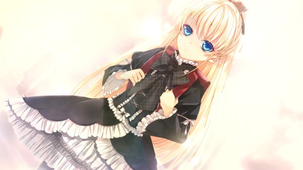 Anime picture 2048x1152 with negai no kakera to hakugin no agreement jessica francoise magritte manyako (mohumohu) single long hair looking at viewer highres blue eyes blonde hair wide image game cg loli lolita fashion girl dress frills