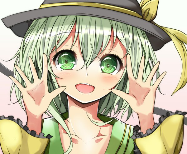 Anime picture 1830x1506 with touhou komeiji koishi velia (artist) single looking at viewer blush highres short hair open mouth green eyes green hair portrait girl hat hands