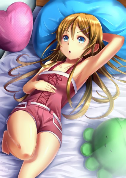 Anime picture 877x1240 with ore no imouto ga konna ni kawaii wake ga nai kousaka kirino fukuma single long hair tall image looking at viewer blue eyes blonde hair lying armpit (armpits) girl shorts pillow bed toy stuffed animal