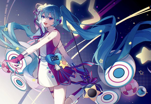 Anime picture 5000x3475 with vocaloid magical mirai (vocaloid) hatsune miku magical mirai miku magical mirai miku (2022) kanvien single highres open mouth blue eyes twintails absurdres very long hair :d aqua hair sleeveless girl dress gloves star (symbol)