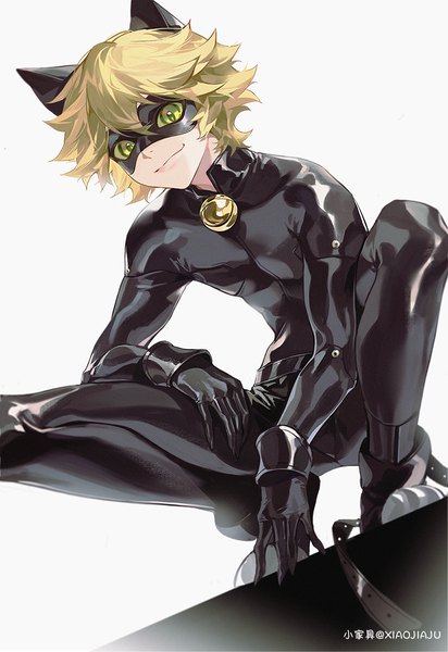 Anime picture 824x1200 with miraculous ladybug adrien agreste chat noir xiaojiaju single tall image short hair simple background blonde hair smile white background green eyes signed animal ears cat ears squat bell collar boy bell bodysuit