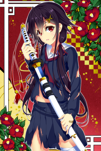 Anime picture 667x1000 with original kazane kirito single long hair tall image black hair red eyes torn clothes girl flower (flowers) weapon sword serafuku katana