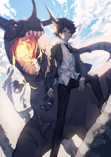 Anime picture 1000x1410 with digimon digimon adventure digimon adventure tri. yagami taichi greymon ser323 single tall image looking at viewer short hair black hair sky cloud (clouds) black eyes from below boy necktie suit flame dinosaur