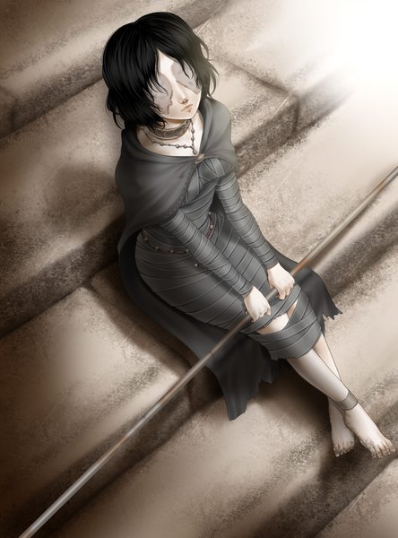 Anime picture 1300x1755 with demon's souls dark souls (series) from software maiden in black wasabi single tall image short hair black hair no shoes girl weapon choker necklace