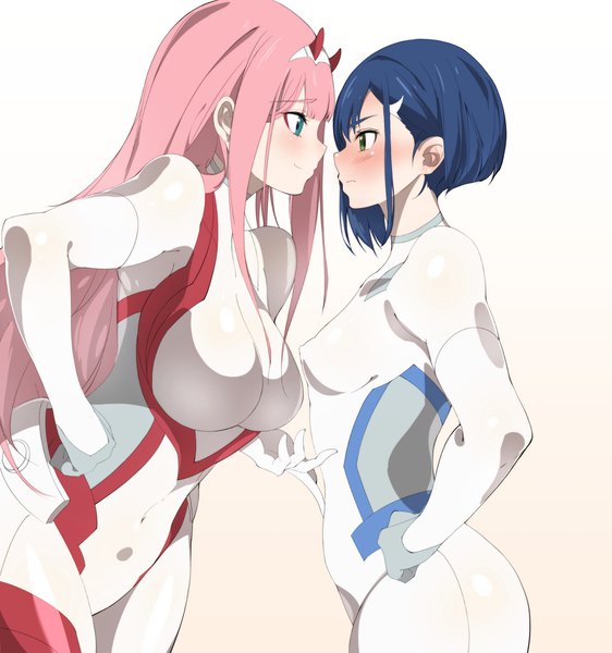 Anime picture 1920x2049 with darling in the franxx studio trigger zero two (darling in the franxx) ichigo (darling in the franxx) sia namsbinpeni long hair tall image blush fringe highres short hair breasts light erotic simple background smile large breasts standing multiple girls green eyes blue hair