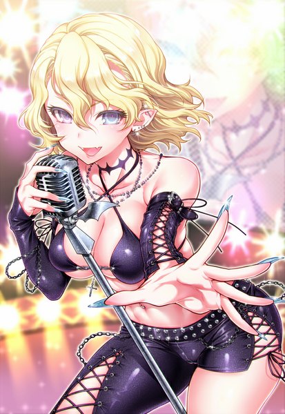 Anime picture 610x886 with original akira (natsumemo) single long hair tall image looking at viewer open mouth blue eyes light erotic blonde hair smile standing bare shoulders nail polish fingernails pointy ears teeth bare belly fang (fangs) long fingernails