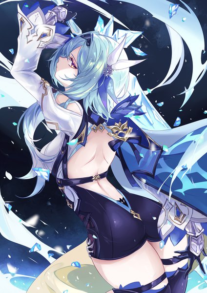 Anime picture 1413x2000 with genshin impact eula lawrence vardan single long hair tall image looking at viewer light erotic yellow eyes blue hair ass profile from behind back bare back girl weapon sword ice