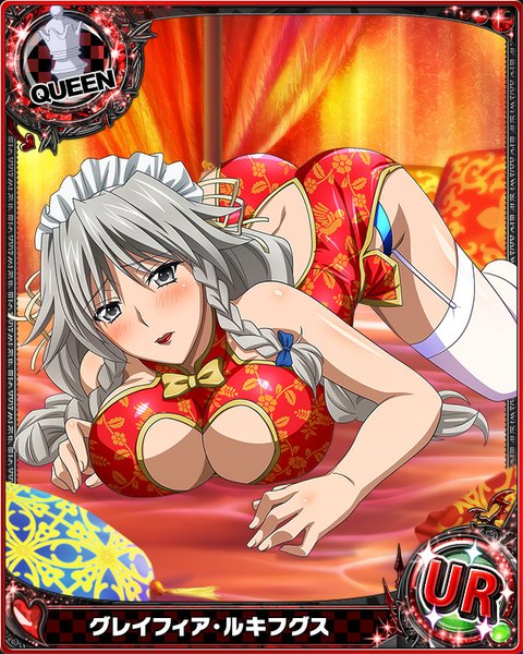 Anime picture 640x800 with highschool dxd grayfia lucifuge single long hair tall image looking at viewer blush breasts light erotic large breasts braid (braids) traditional clothes grey hair grey eyes chinese clothes card (medium) girl thighhighs white thighhighs headdress