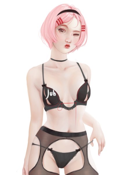 Anime picture 1920x2716 with original lika (jubi) jubi (regiana) single tall image looking at viewer highres short hair breasts light erotic white background bare shoulders signed pink hair one eye closed pink eyes realistic underwear only symbol-shaped pupils heart-shaped pupils