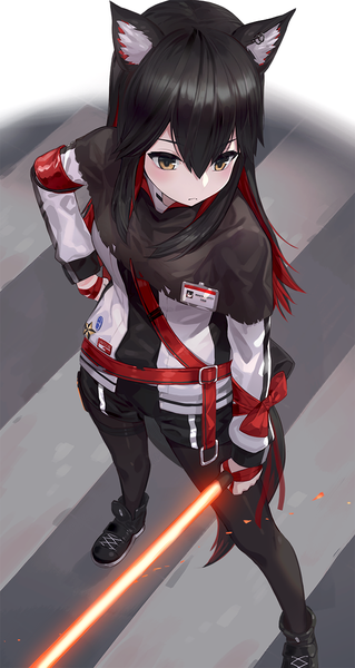 Anime picture 636x1194 with arknights texas (arknights) kfr single long hair tall image blush fringe black hair hair between eyes standing holding brown eyes animal ears payot looking away red hair tail long sleeves animal tail