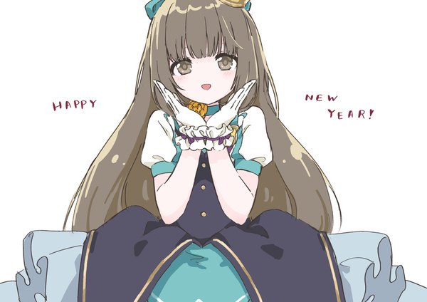 Anime picture 4093x2894 with idolmaster idolmaster cinderella girls yorita yoshino garden7 single long hair looking at viewer fringe highres open mouth simple background smile brown hair white background brown eyes absurdres blunt bangs :d new year happy new year