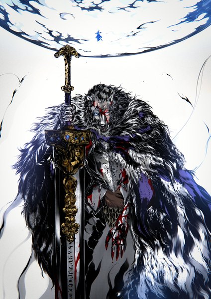 Anime picture 2893x4092 with elden ring blaidd the half-wolf kubaushi single tall image looking at viewer highres blue eyes simple background standing white background holding blood on face boy weapon armor blood huge weapon huge sword furry