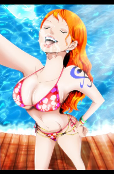 Anime picture 1832x2779 with one piece toei animation nami (one piece) yameta studio single long hair tall image fringe highres breasts open mouth light erotic smile large breasts standing bare shoulders cleavage eyes closed arm up lips