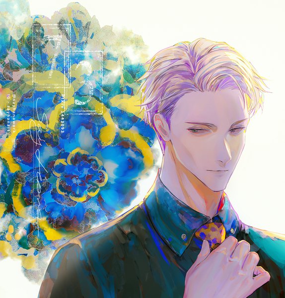 Anime picture 915x956 with jujutsu kaisen mappa nanami kento say hana single tall image short hair signed looking away silver hair upper body light smile floral background adjusting necktie boy shirt necktie