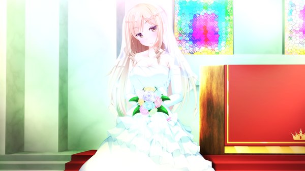 Anime picture 1024x576 with gakuen butou no folklore oki tsubomi single long hair looking at viewer blonde hair wide image brown eyes game cg girl dress gloves flower (flowers) elbow gloves white gloves bouquet wedding dress