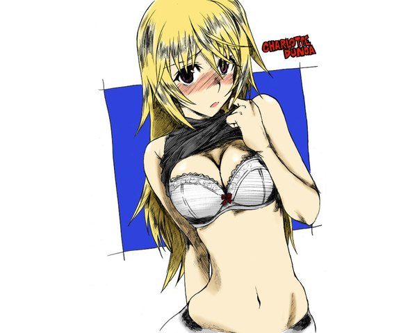 Anime picture 1024x819 with infinite stratos 8bit charles dunois single long hair blush breasts light erotic blonde hair red eyes bare shoulders midriff girl navel