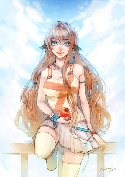 Anime picture 1240x1754 with original rm-parfait single long hair tall image looking at viewer blue eyes smile brown hair signed animal ears sky cloud (clouds) very long hair pleated skirt light smile orange hair sleeveless piercing girl