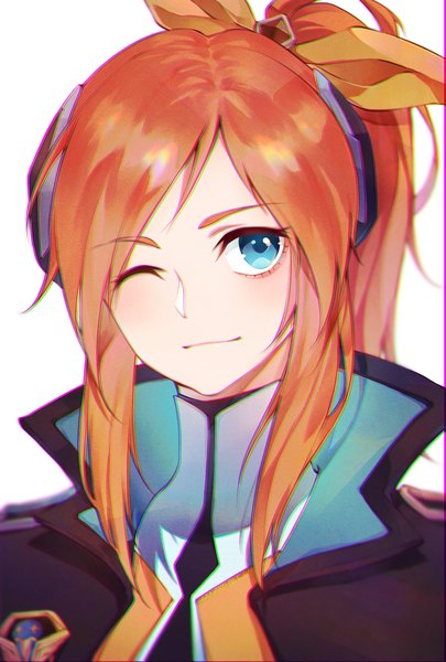Anime picture 1181x1748 with league of legends lux (league of legends) battle academia lux tanako (645316096) single long hair tall image looking at viewer blue eyes simple background white background one eye closed wink orange hair side ponytail portrait girl ribbon (ribbons) hair ribbon