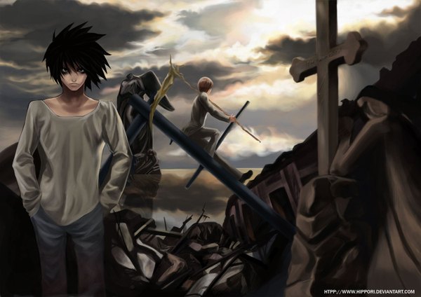 Anime picture 1500x1060 with death note madhouse yagami light l (death note) hippori (artist) short hair black hair brown hair cloud (clouds) from behind hands in pockets boy pants cross scythe