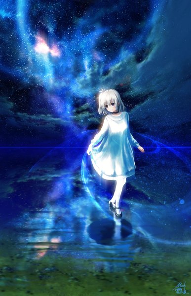 Anime picture 840x1300 with re:lief ~shin'ai naru anata e~ ai (re:lief) mocha (cotton) single tall image blush fringe short hair smile hair between eyes purple eyes signed full body white hair side ponytail looking down reflection ripples milky way girl