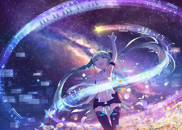 Anime picture 2926x2097 with vocaloid vocaloid append hatsune miku hatsune miku (append) yue yue single fringe highres breasts open mouth light erotic standing twintails outdoors very long hair :d arm up night zettai ryouiki night sky