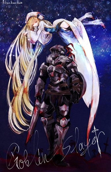Anime picture 1319x2048 with goblin slayer! white fox goblin slayer priestess (goblin slayer!) hase fuuko tall image fringe blonde hair smile holding signed full body eyes closed long sleeves very long hair inscription night wide sleeves high heels night sky