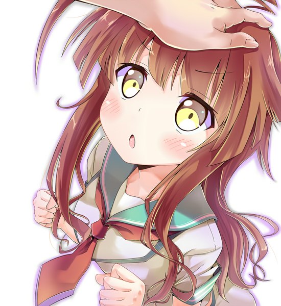 Anime picture 1000x1090 with kantai collection kuma light cruiser kakao rantan single long hair tall image blush simple background brown hair white background yellow eyes looking up hand on head girl sailor suit hand