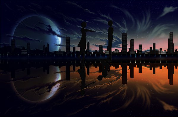 Anime picture 1750x1150 with original kijineko highres standing sky cloud (clouds) night night sky kneeling city reflection cityscape silhouette different reflection girl dress boy weapon gun building (buildings)