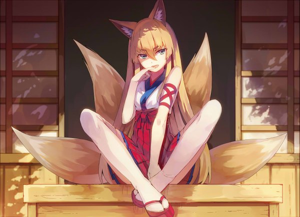 Anime picture 1379x1000 with original yasumo (kuusouorbital) single long hair looking at viewer open mouth blue eyes blonde hair animal ears tail traditional clothes japanese clothes animal tail fox ears finger to mouth fox tail fox girl multiple tails girl thighhighs