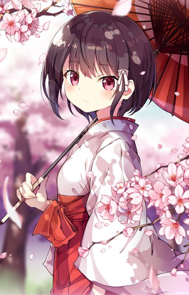 Anime picture 768x1200 with original myuton single tall image short hair black hair looking away traditional clothes japanese clothes pink eyes cherry blossoms miko tress ribbon spring girl flower (flowers) ribbon (ribbons) plant (plants) hair ribbon petals