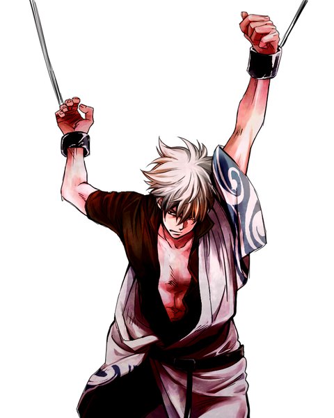 Anime picture 800x1000 with gintama sunrise (studio) sakata gintoki 2poinco single tall image short hair simple background white background looking away traditional clothes grey hair black eyes arms up bondage partially open clothes bound hands boy open kimono shackles