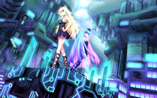 Anime picture 1280x800 with panty & stocking with garterbelt anarchy stocking anarchy panty langjiao long hair blue eyes blonde hair wide image multiple girls green eyes purple hair multicolored hair two-tone hair hand on hip city cityscape colored inner hair girl thighhighs dress