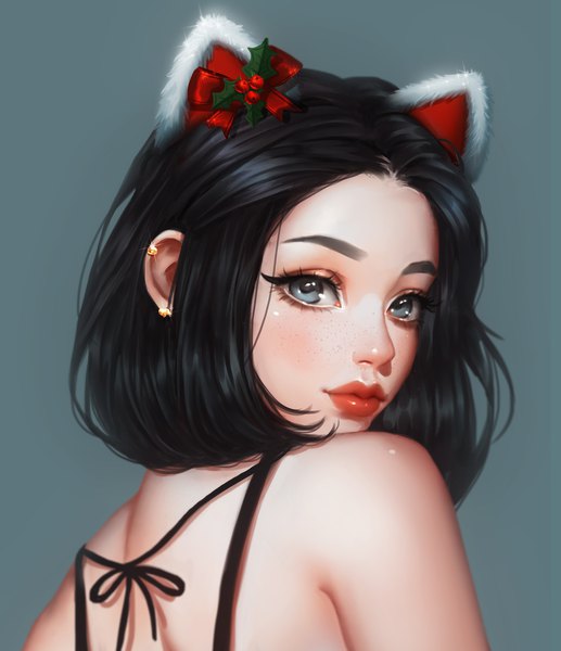 Anime picture 1746x2027 with original rena illusion single tall image looking at viewer highres short hair black hair simple background bare shoulders animal ears realistic grey background sparkle grey eyes lipstick piercing portrait fake animal ears ear piercing