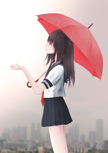 Anime picture 827x1169 with original chikuwa (odennabe) single long hair tall image open mouth black hair profile black eyes rain girl uniform serafuku umbrella