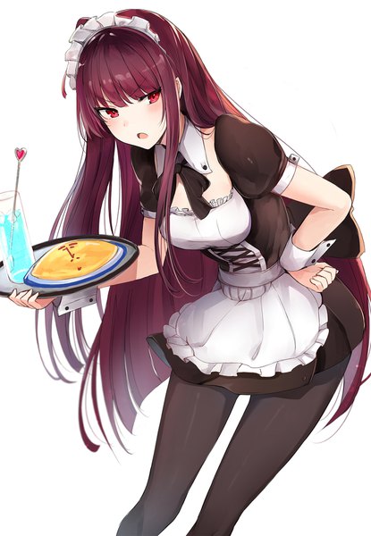 Anime picture 1200x1734 with girls frontline wa2000 (girls frontline) luse maonang single long hair tall image blush fringe open mouth simple background red eyes standing white background holding looking away red hair blunt bangs head tilt :o short sleeves