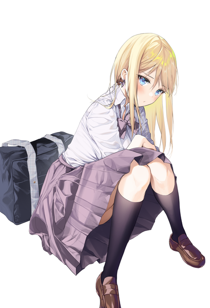 Anime picture 1800x2639 with original yampa single long hair tall image blush fringe highres blue eyes light erotic simple background blonde hair hair between eyes white background sitting looking away full body bent knee (knees) pleated skirt girl