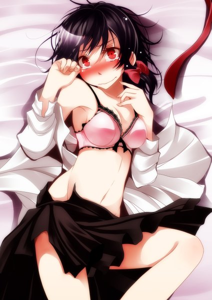Anime picture 1061x1500 with touhou usami renko s-syogo single tall image looking at viewer blush short hair light erotic black hair red eyes open clothes open shirt tears girl skirt navel bow hair bow shirt