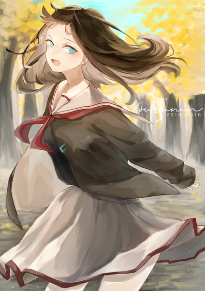 Anime-Bild 2894x4093 mit original yuyu konbu single long hair tall image looking at viewer blush highres open mouth blue eyes smile brown hair standing sky outdoors long sleeves :d wind inscription leaning