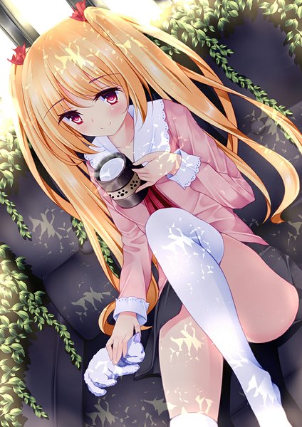 Anime picture 707x1000 with original azure (capriccio) single long hair tall image blush blonde hair smile red eyes twintails girl thighhighs animal white thighhighs cat couch mug