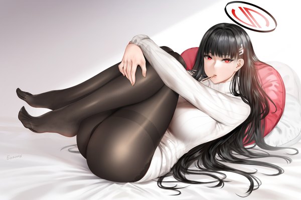 Anime-Bild 6000x4000 mit blue archive rio (blue archive) easonx single long hair looking at viewer fringe highres breasts light erotic black hair red eyes large breasts holding signed absurdres bent knee (knees) ass blunt bangs long sleeves