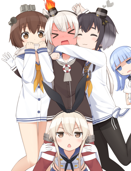 Anime picture 700x913 with kantai collection shimakaze destroyer amatsukaze destroyer yukikaze destroyer tokitsukaze destroyer hatsukaze destroyer haribote (tarao) long hair tall image looking at viewer blush fringe short hair open mouth black hair simple background smile hair between eyes brown hair standing