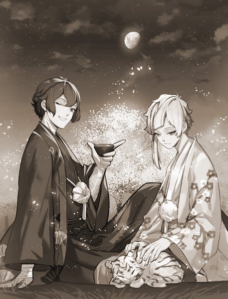 Anime picture 1462x1920 with bungou stray dogs studio bones dazai osamu (bungou stray dogs) nakajima atsushi kitsune (pixiv5601263) tall image looking at viewer short hair open mouth sitting traditional clothes japanese clothes one eye closed night multiple boys cherry blossoms monochrome boy animal moon