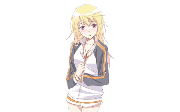Anime picture 1920x1200 with infinite stratos 8bit charles dunois single long hair blush highres light erotic simple background blonde hair wide image white background purple eyes girl uniform pendant gym uniform