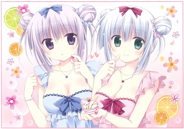 Anime picture 2293x1611 with alice or alice airi (alice or alice) rise (alice or alice) korie riko looking at viewer blush fringe highres short hair breasts light erotic smile purple eyes multiple girls holding green eyes payot cleavage upper body white hair
