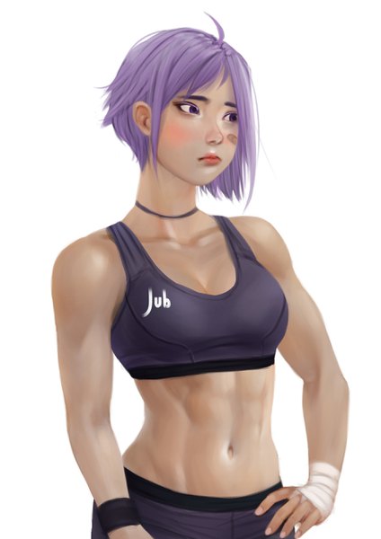Anime picture 1920x2716 with original fore farlone (jubi) jubi (regiana) single tall image blush highres short hair breasts light erotic white background purple eyes bare shoulders signed looking away purple hair ahoge upper body realistic bare belly