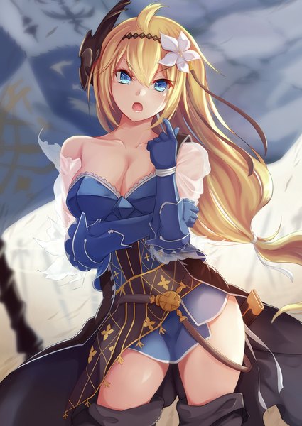 Anime picture 1289x1821 with granblue fantasy jeanne d'arc (granblue fantasy) igayan single long hair tall image looking at viewer blush breasts open mouth blue eyes blonde hair cleavage ahoge head tilt hair flower wind girl dress gloves
