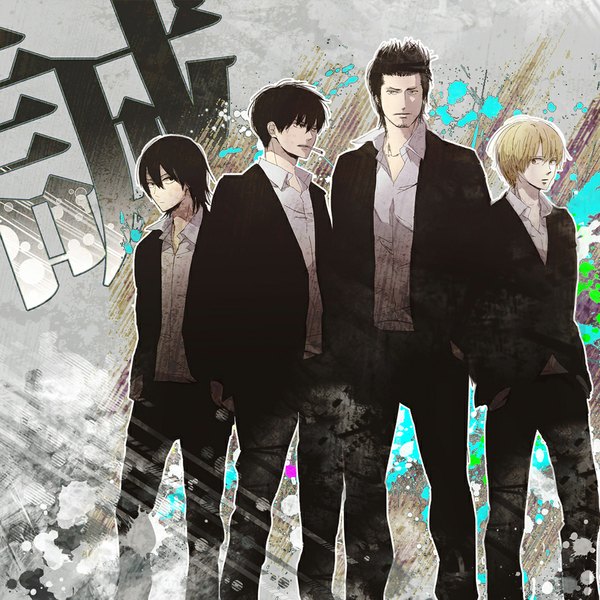 Anime picture 1024x1024 with gintama sunrise (studio) hijikata toshiro okita sougo kondo isao yamazaki sagaru mikoshi (artist) short hair black hair blonde hair red eyes brown hair brown eyes black eyes open clothes open collar hands in pockets smoking boy suit